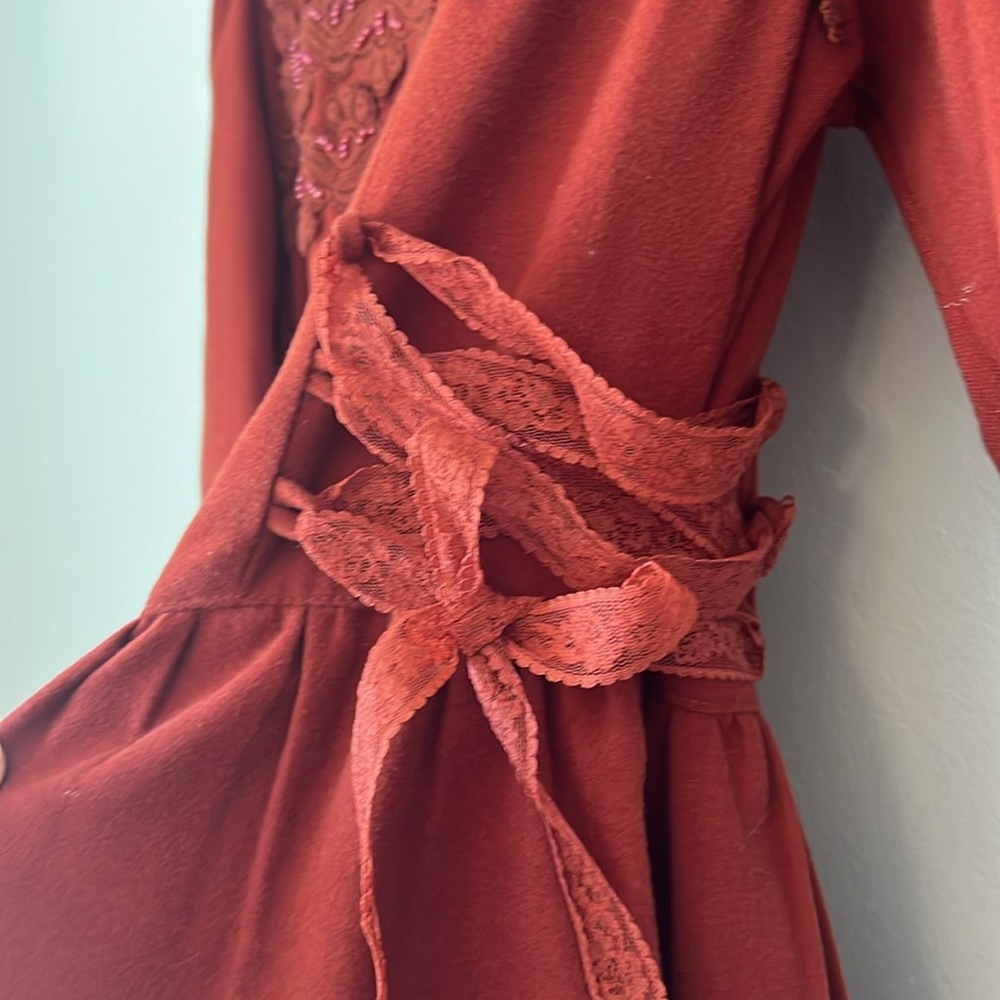 Vintage 1980's Bead Embroidered Wool Blend Midi Rust Orange Red Dress 2 - Picture 6 of 11